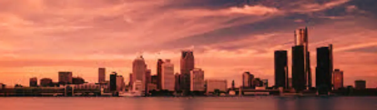 Distorted skyline of Detroit with orange hues.