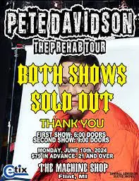 Flyer for comedian Pete Davison sold out show at The Machine shop in Flint, Michigan on June 10th 2024. Pete is wearing a orange jacket.