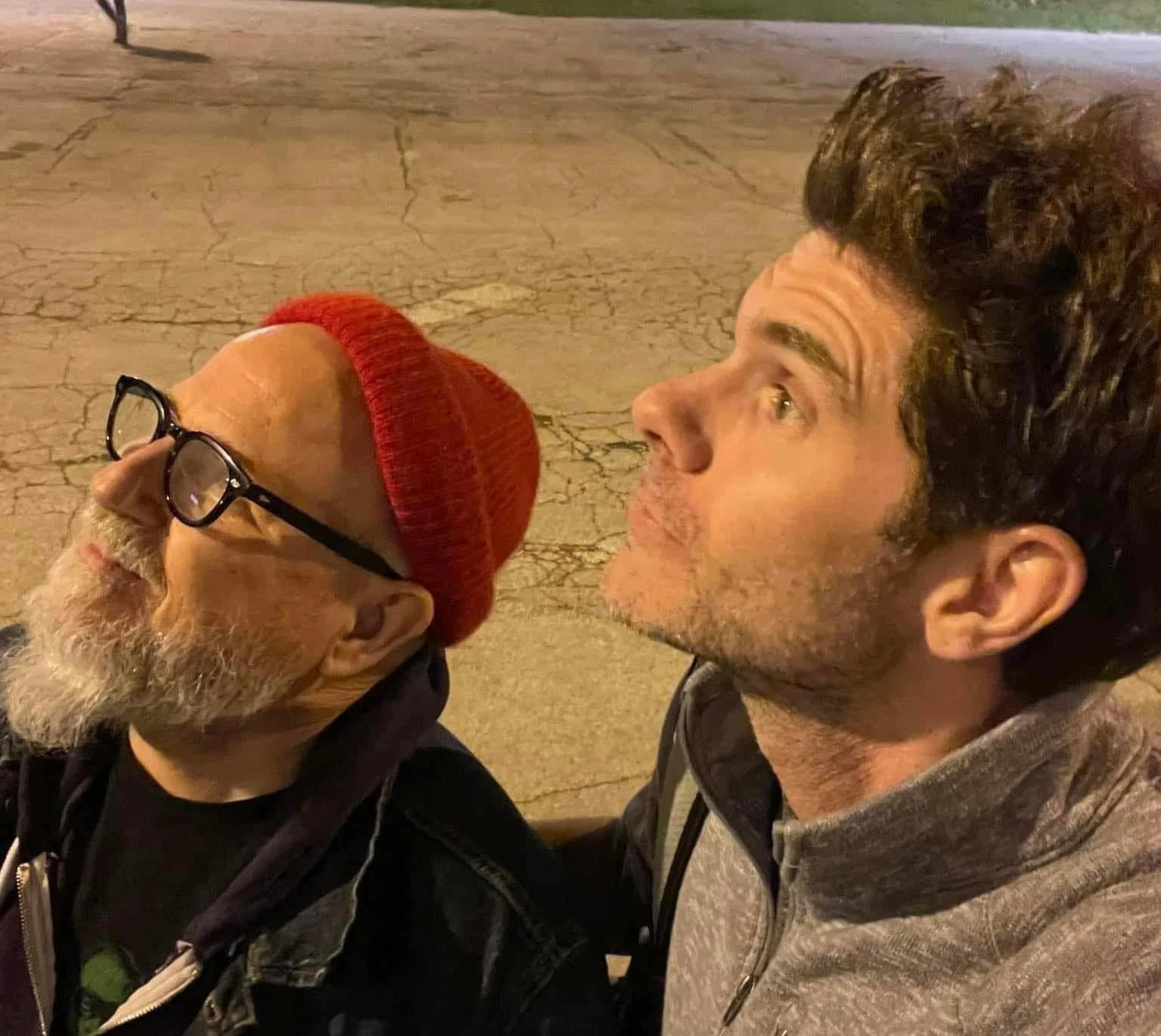 Comedians Bobcat Goldthwait and Dustin Cole pose for a selfie.