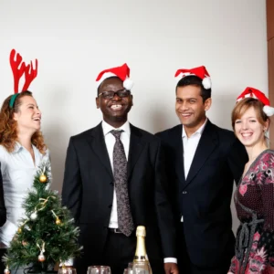 Corporate office holiday party with four coworkers dresses in red Santa hats and red antlers around a small green tree.