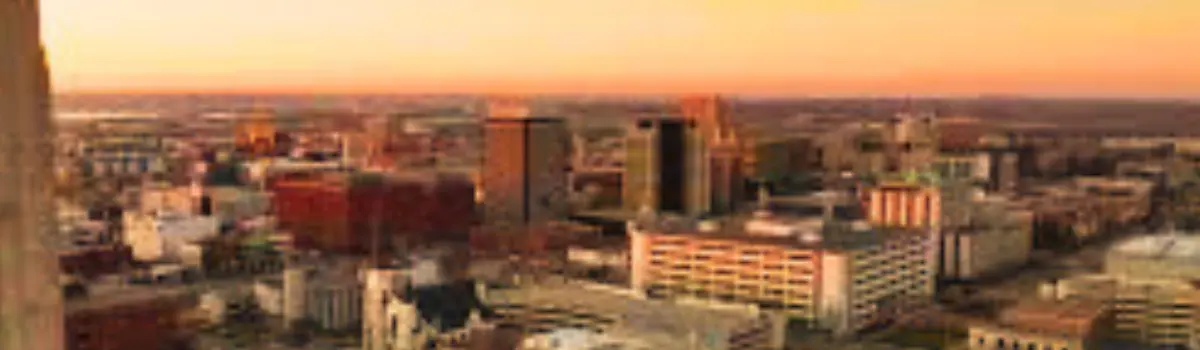 Distorted image of the Lincoln, Nebraska skyline.